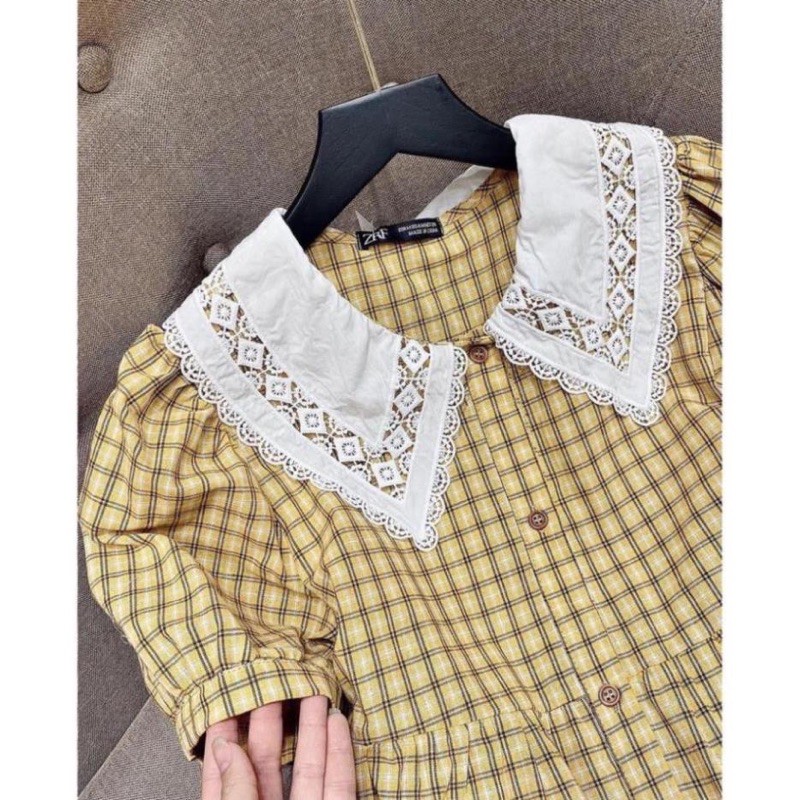 Váy Vintage kẻ vàng cổ phối ren tiểu thư sang chảnh | BigBuy360 - bigbuy360.vn