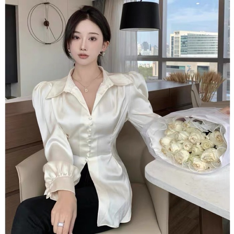 Áo sơ mi kiểu tay phồng nút bọc cột nơ phía sau hottrend | BigBuy360 - bigbuy360.vn