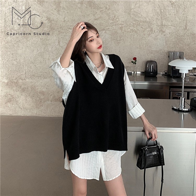 Áo sơ mi trắng sọc chìm phối gile phong cách Ulzzang Hàn Quốc