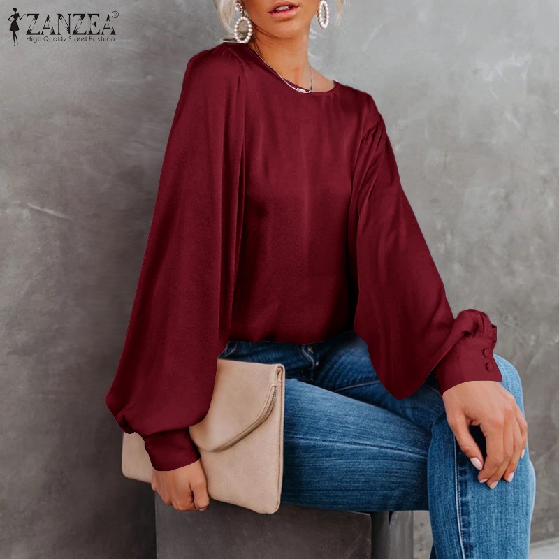 Áo kiểu Zanzea vải satin cổ tròn tay phồng dáng rộng thời trang dành cho nữ