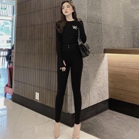 Quần legging nữ cao cấp khóa kéo 2 khuy có 4 túi in thêu dáng dài chất vải umi dày dặn co dãn Quần legging hàn lưng cao