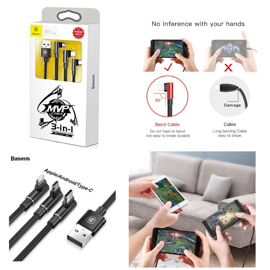 Cáp sạc đa năng 3 đầu chữ L 90 độ Baseus MVP 3-in-1 Mobile Game Cable (Lightning + USB type C + Micro USB)