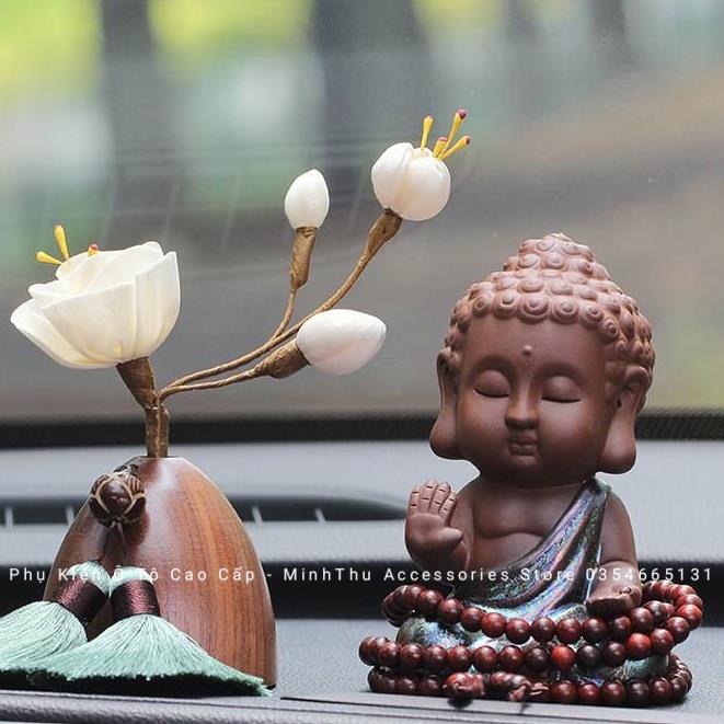 Set Tượng Phật/ Hòa Thượng Trang Trí Taplo Xe Hơi Bằng Gỗ Hồ Đào Cao Cấp