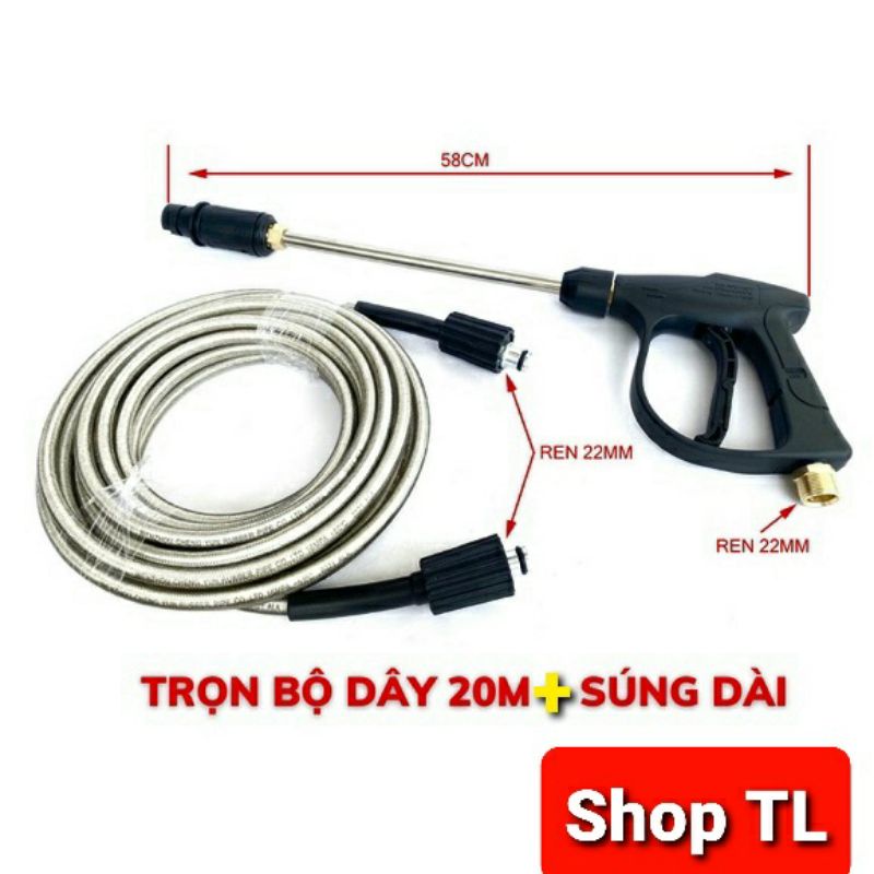 Bộ dây rửa xe 10, 15, 20, 30m Và súng xịt rửa xe áp lực cao (Kèm ống nối inox dài 36cm)