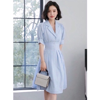Đầm xoè cổ sơ mi eo bo thun sọc kèm hình thật siêu sang