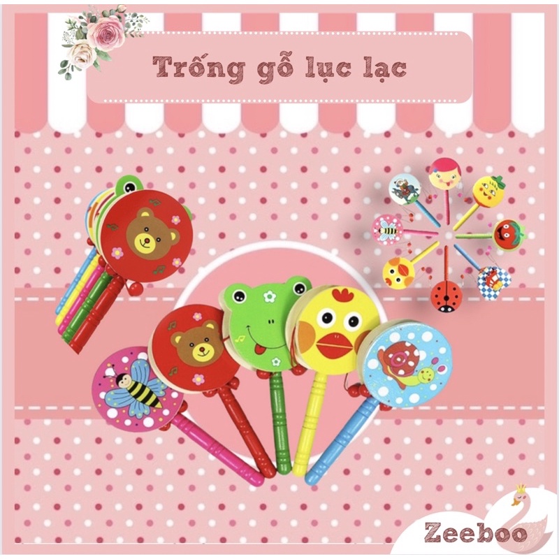 Đồ chơi trống gỗ lắc cầm tay cho bé 6 tháng - 3 tuổi, mặt trống sơn màu sắc hoạt hình bắt mắt, thu hút bé