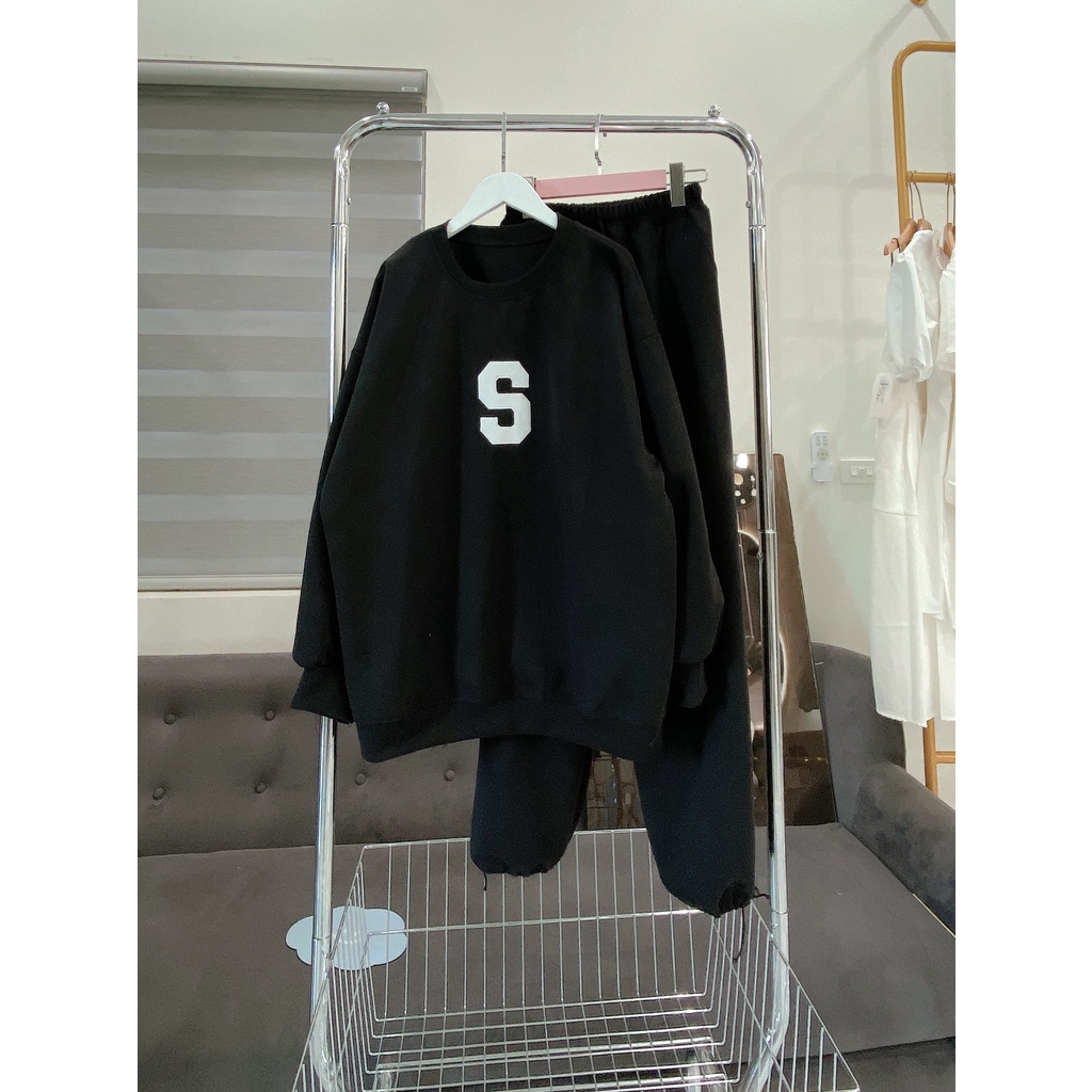 Set Bộ Chữ S Thêu Tăm Nam Nữ Unisex Dáng Rộng Quần Bom Chun Basic