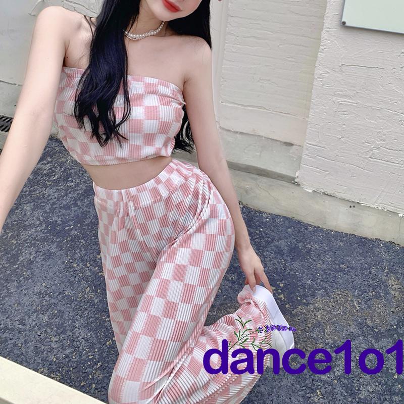 ♀Nc✭Set Áo Ống Họa Tiết Sọc Caro + Quần Dài Lưng Cao Ống Rộng Năng Động Thời Trang Dành Cho Nữ