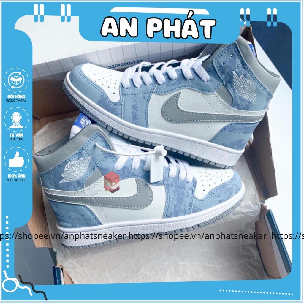 Giày Jordan cổ cao Hyper Royal nam nữ màu xanh loang bản cao cấp, Giày Jordan 1 HIGH xanh nỉ full box bill