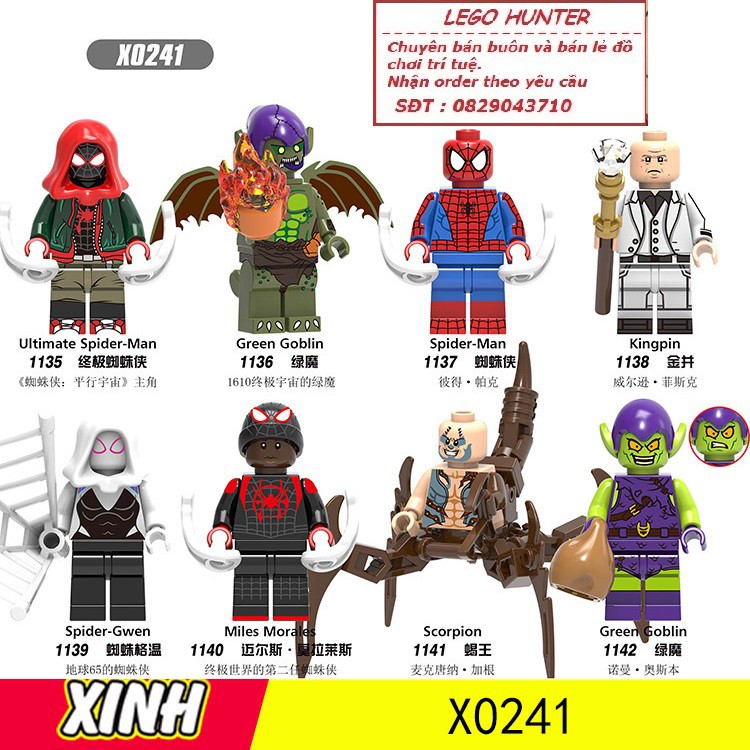 Lego minifigures superheroes nhân vật Ultimate Spiderman Green Goblin Kingpin spider-Gwen Miles Morales Scorpion X 0241