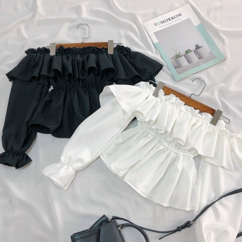 Áo bẹt vai nhún phối bèo nhiều tầng TV2 - from chuẩn