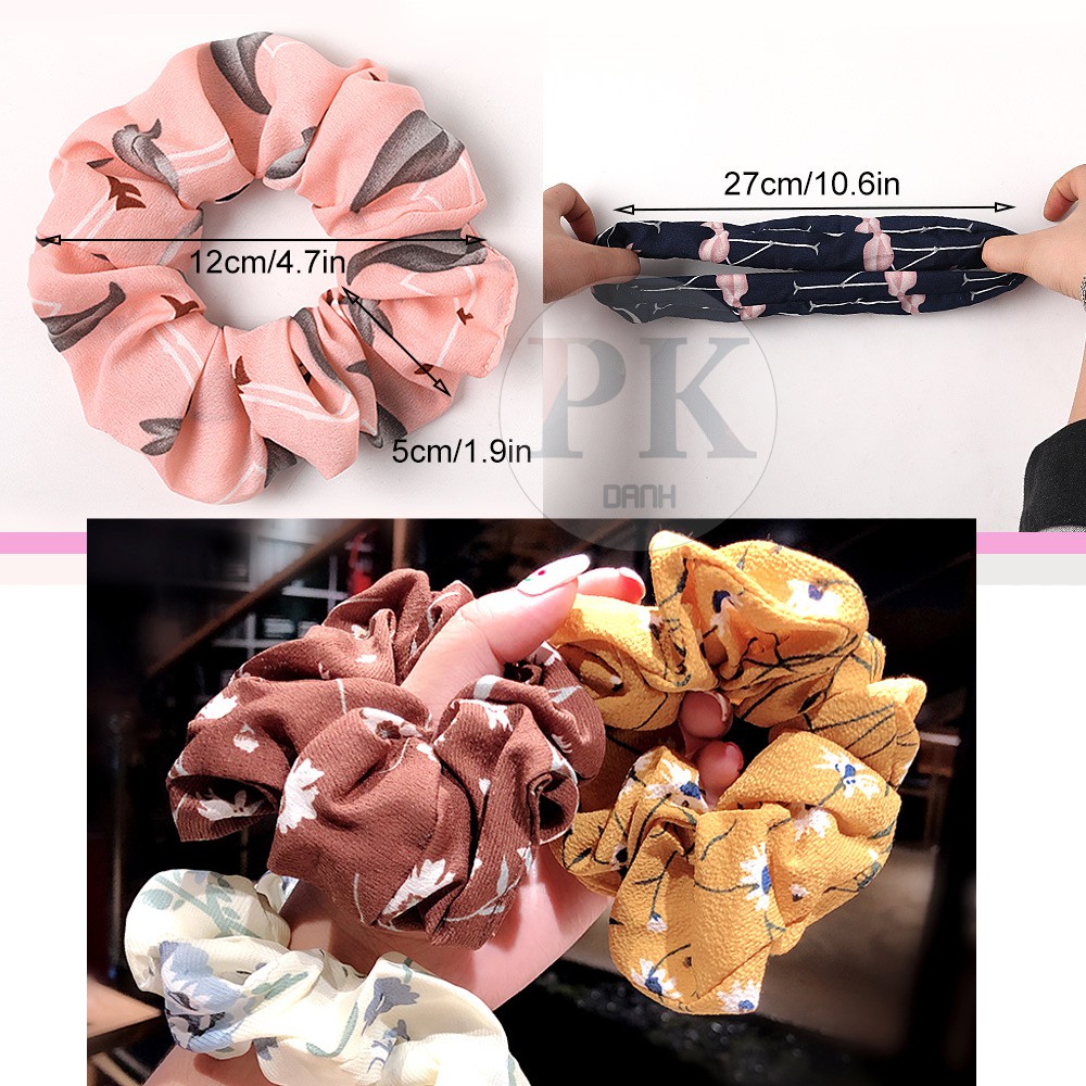 Dây cột tóc vải scrunchies hoa văn, đồ buộc tóc crunchies caro phụ kiện tóc