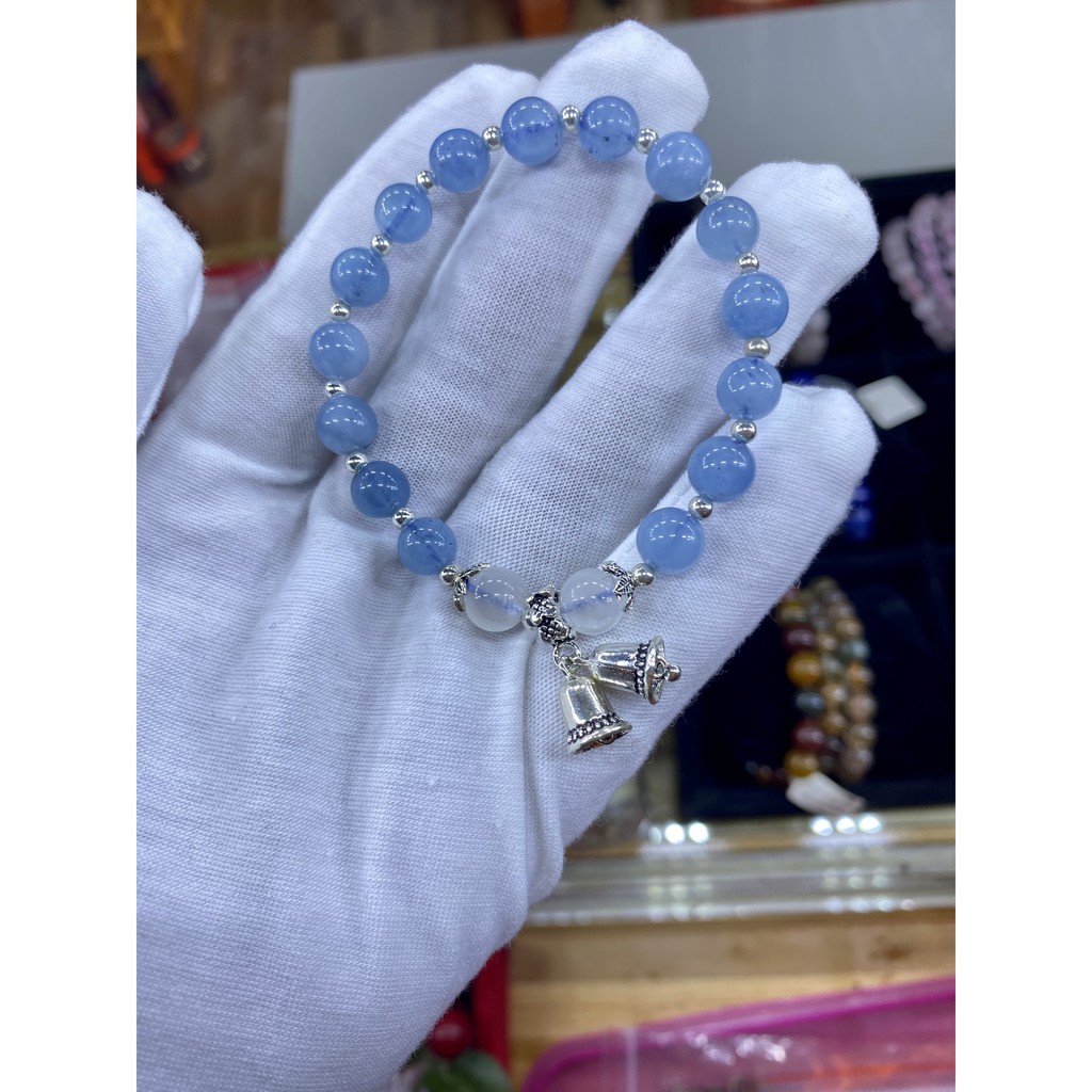 Vòng Phong thủy hợp mệnh Kim - Thủy, Đá Aquamarine mix charm chuông bạc 925