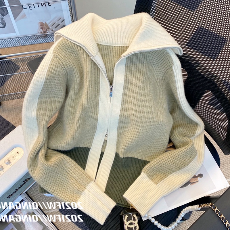 622553 Áo Khoác Cardigan Dệt Kim Dày Dáng Rộng Màu Sắc Tương Phản Thời Trang Thu Đông Cho Nữ