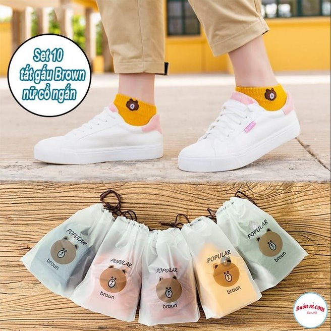 Set 10 đôi tất gấu cổ ngắn họa tiết Brown xinh xắn - Tất gấu cổ ngắn đủ màu pastel chất liệu cotton thoáng mát - 01461