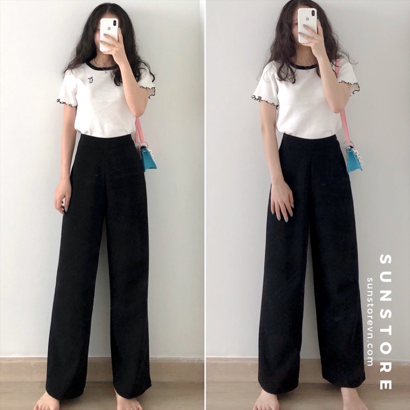 Quần ống rộng culottes suông dài chất dày cao cấp lưng cao 2 màu đen be hình thật