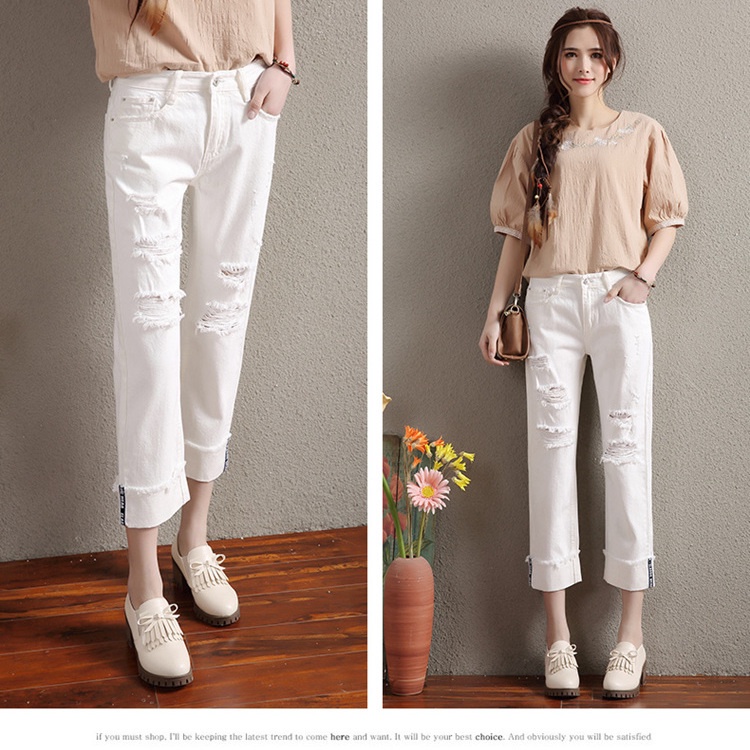 Nine-cent trousers torn jeans women's loose wide-legged straight trousers summer trousers new style casual outer wear