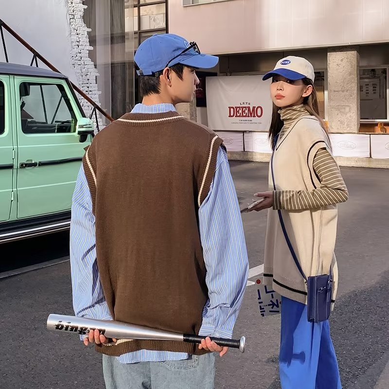 Áo Sweater Dệt Kim Không Tay Cổ Chữ V Màu Sắc Retro Nhật Bản Dành Cho Nam Nữ