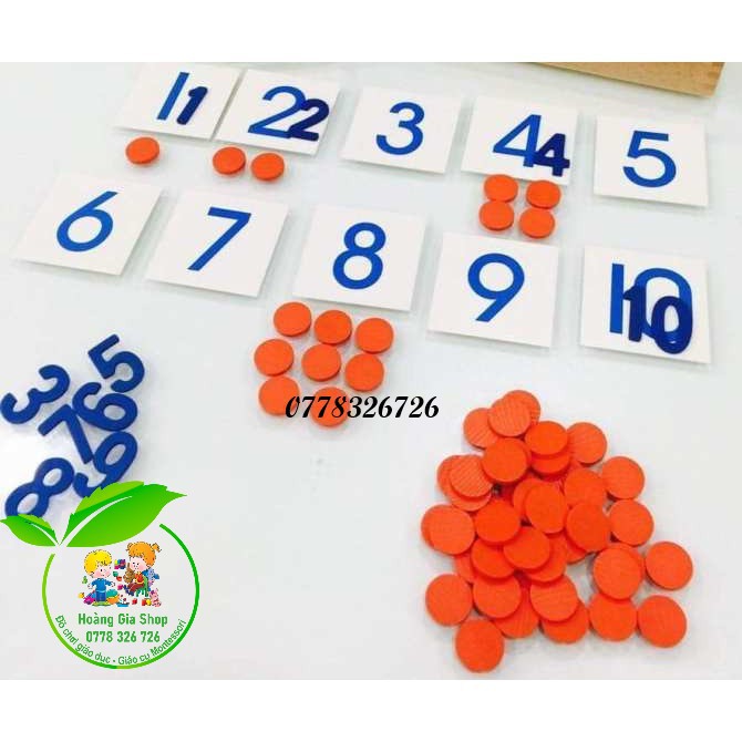 Số và hạt đếm kèm thẻ số bằng giấy Montessori (Numeral and counters)