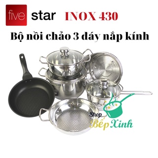 Bộ nồi chảo chống dính 3 đáy bếp từ inox 430 cao cấp Fivestar Standard 6 món nắp kính , dùng được mọi bếp