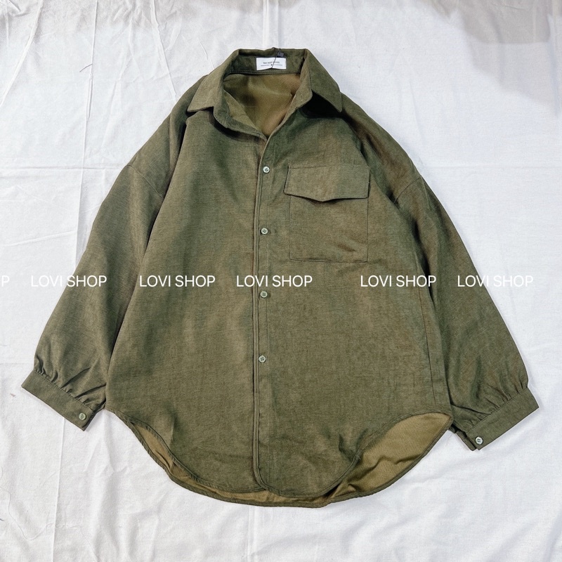 Áo sơ mi nhung tay cánh dơi form rộng 1 túi nắp viền Lovi