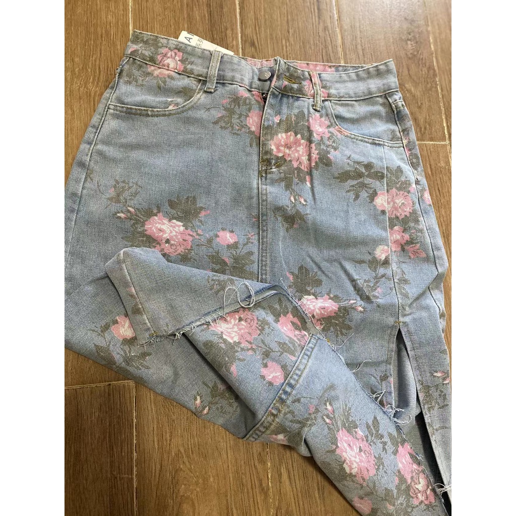 Chân Váy Denim Dáng Dài Xẻ Tà In Họa Tiết Phong Cách Retro Dễ Phối Đồ Thời Trang Xuân Hè Mới Cho Nữ