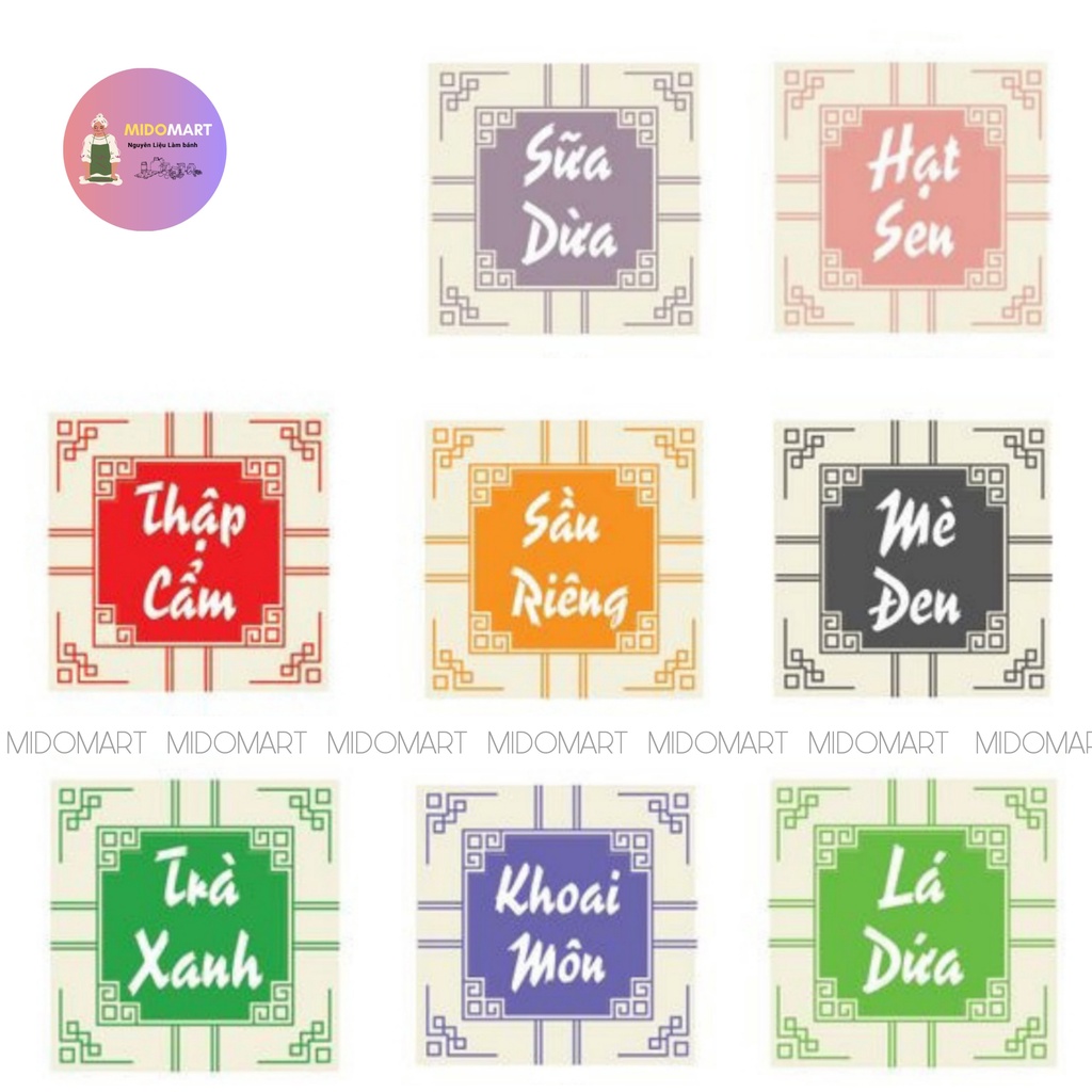 Tem dán nhân bánh trung thu vuông Mè Đen, Lá Dứa, Thập Cẩm, Trà Xanh, Khoai Môn, Hạt Sen, Sầu Riêng, Sữa Dừa 17 tem