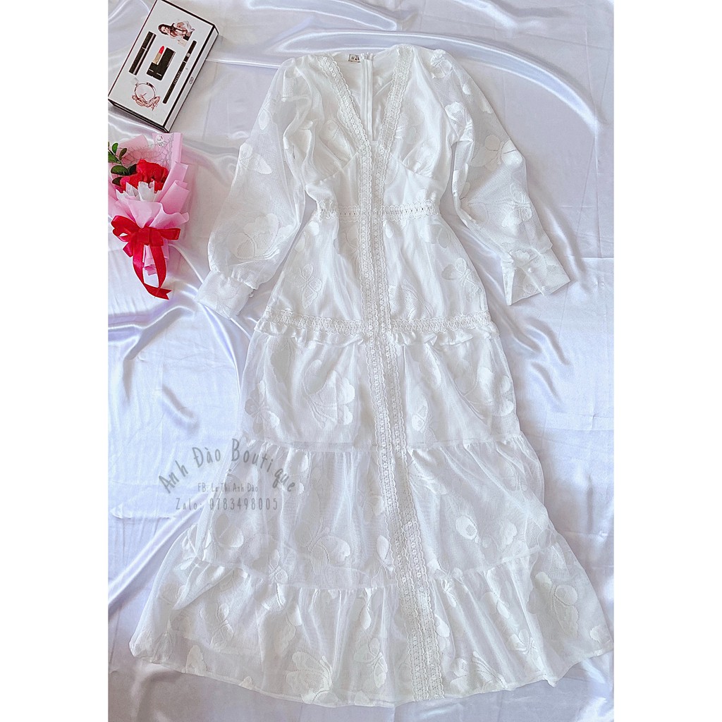 Đầm Maxi Ren Trắng Tay Dài Cổ V Nút, Đầm Dự Tiệc, Đi Biển, Chụp Ảnh (Ảnh Thật) | BigBuy360 - bigbuy360.vn