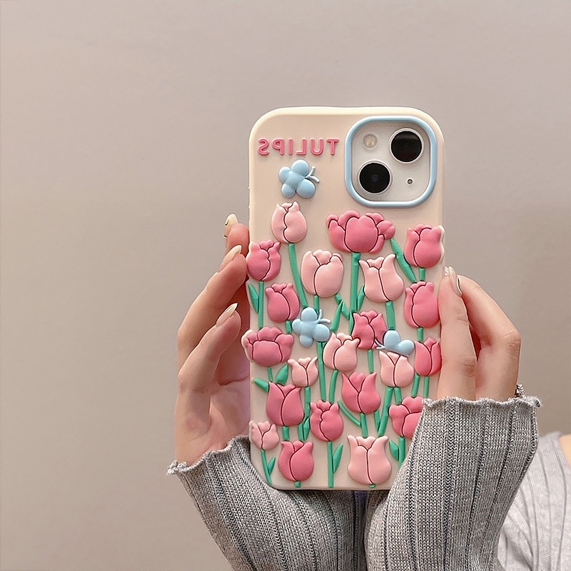 Ốp Điện Thoại Silicon Mềm Chống Sốc Hình Hoa Tulip 3D Cho iPhone 14 13 12 11 Pro Max XS XR X 8 7 6 6S Plus + SE 2020