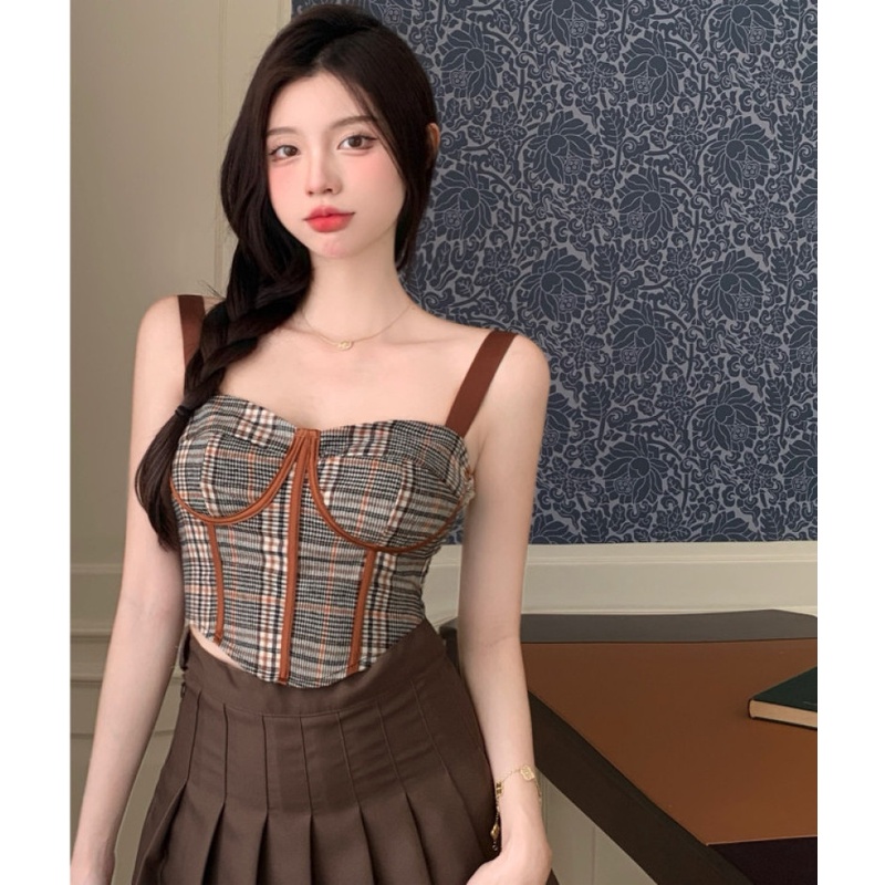 Áo Lửng Họa Tiết Caro Phong Cách Retro Thời Trang Mùa Hè Cho Nữ