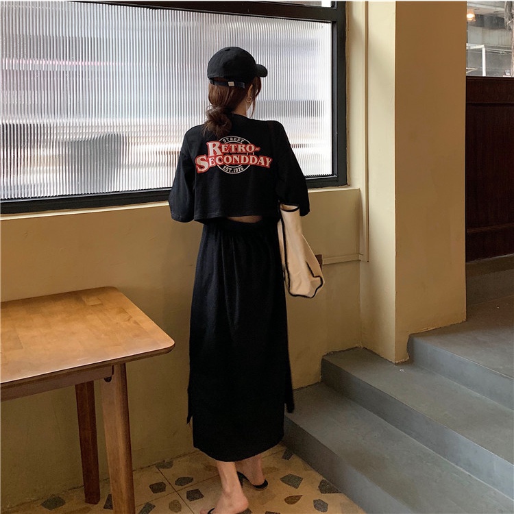 IELGY   Đầm Tay Ngắn Cổ Tròn Eo Cao Xẻ Tà Phong Cách Hàn Quốc Thời Trang Cho Nữ