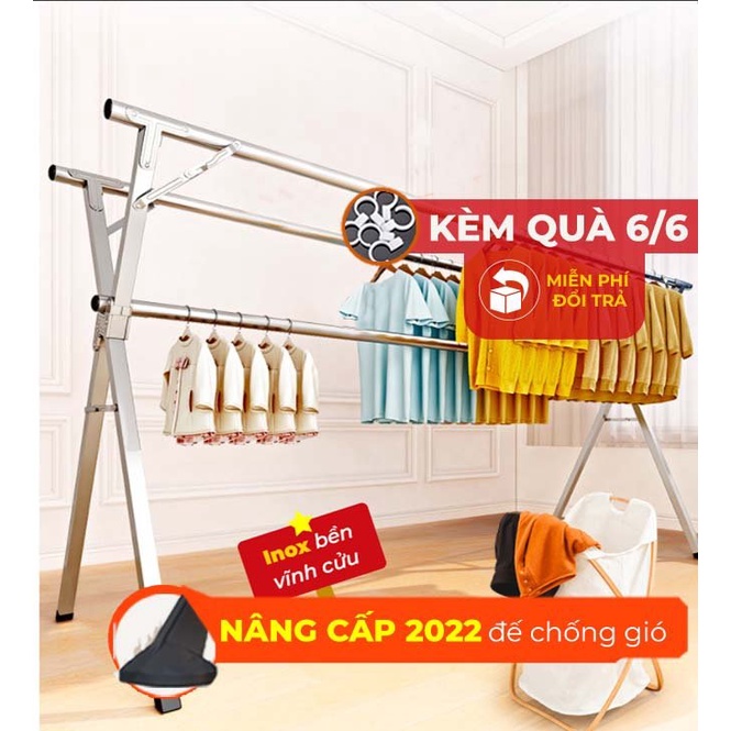 Giàn phơi quần áo thông minh loại sào phơi đồ có bánh xe di chuyển, cây giá treo inox tặng 20 móc chống bay