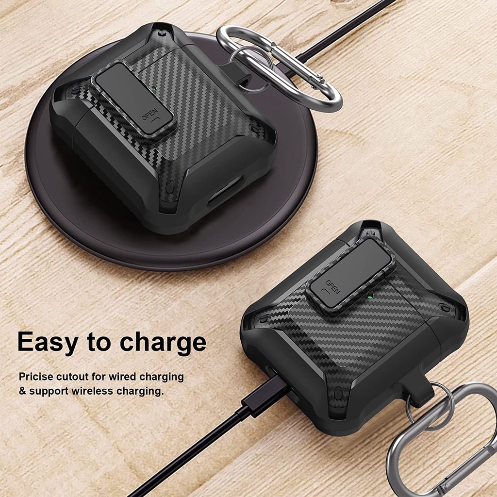Vỏ Bảo Vệ Hộp Sạc Tai Nghe AirPods 1 2 3 Pro 2 Pro2 Kết Cấu Sợi Carbon Chống Sốc Kèm Móc Khóa