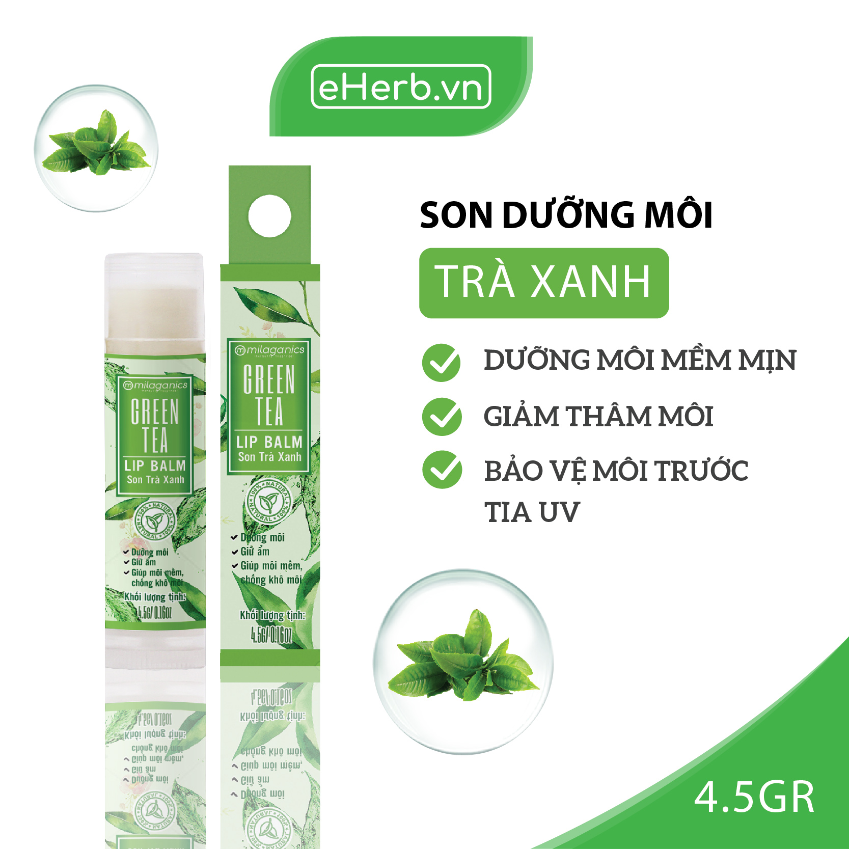 SON DƯỠNG MÔI TRÀ XANH DƯỠNG ẨM, GIẢM THÂM MÔI MILAGANICS 4.5G