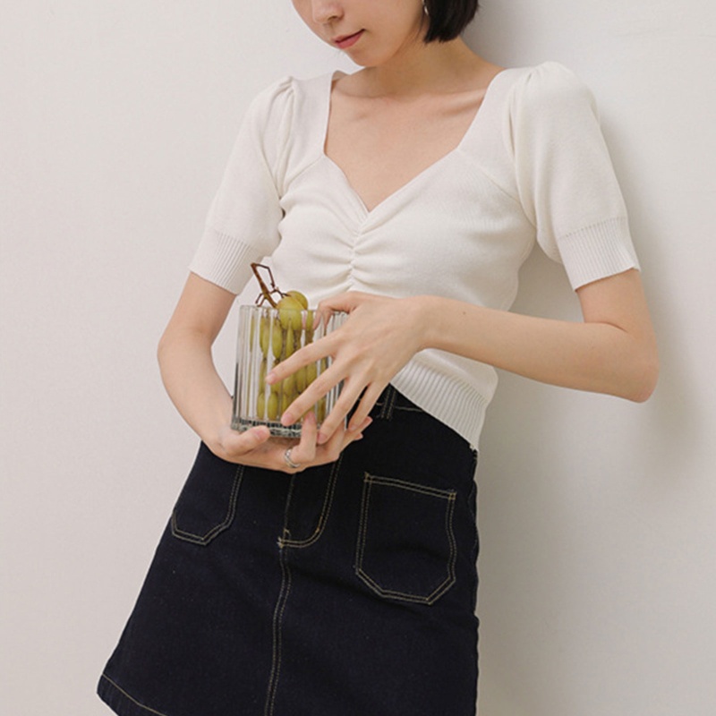 Áo Croptop Dệt Kim Tay Ngắn Cổ Chữ V Màu Trơn Thời Trang Cho Nữ