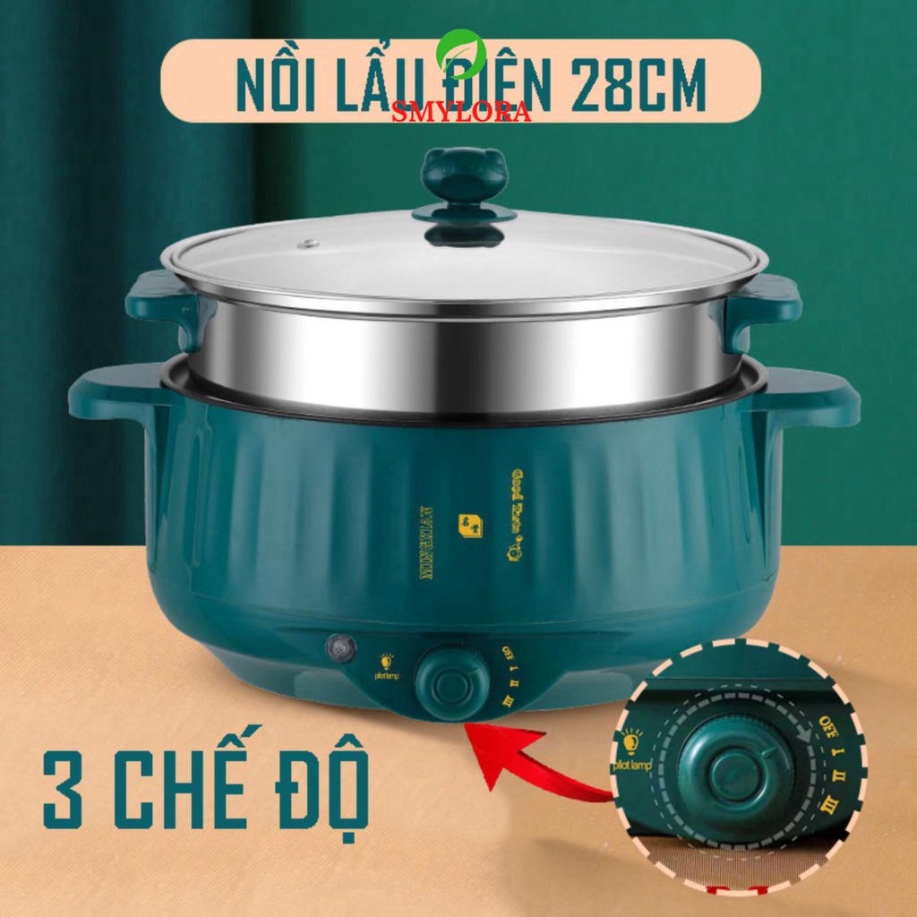 Nồi Lẩu Điện Mini 28CM Công Suất 1000W, Chống Dính Vân Đá Cao Cấp - Bếp Lẩu Gia Đình Kèm Giá Hấp BẢO HÀNH 12 THÁNG