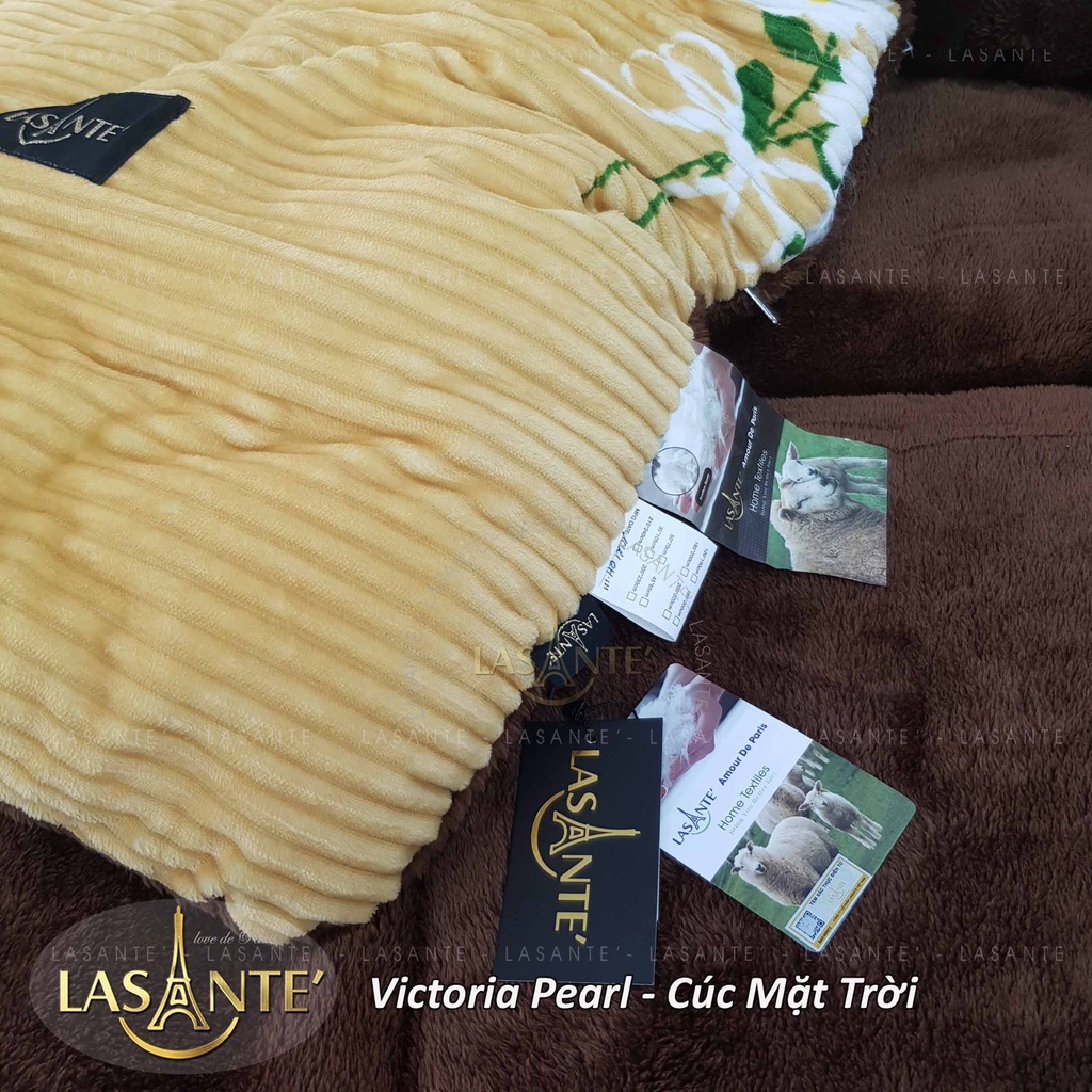Chăn mền lông cừu cao cấp Lasante' phong cách pháp màu vàng họa tiết hoa cúc mặt trời siêu rộng 2.1x2.4m bảo hành 2 năm