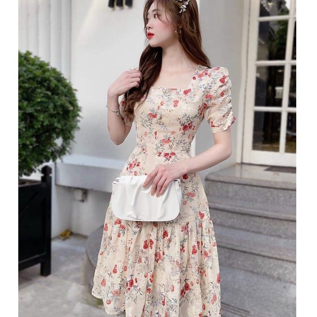 Đầm Váy Hoa Cổ Vuông Tay Phồng Thời Trang Mùa Hè Mới Cho Nữ