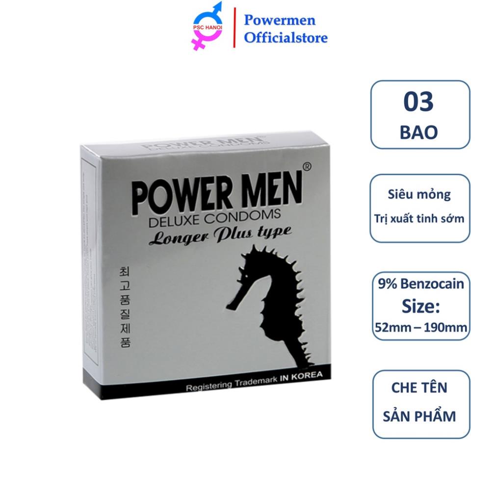 Bao cao su POWER MEN LONGER PLUS gân gai tăng khoái cảm kéo dài thời gian chứa 9% Benzocain hạn chế xuất tinh sớm 3 bao