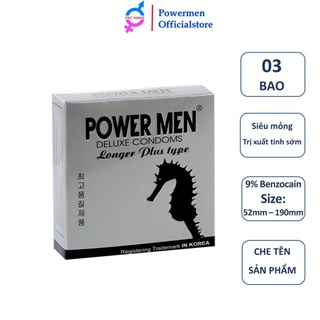 Bao cao su POWER MEN LONGER PLUS gân gai tăng khoái cảm kéo dài thời gian chứa 9% Benzocain hạn chế xuất tinh sớm 3 bao