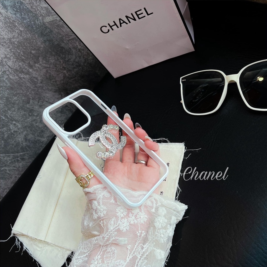 Ốp lưng iPhone, lưng kính logo CL đính đá cực sang chảnh, iPhone X Xs Max 11 12 13 14 Pro Max
