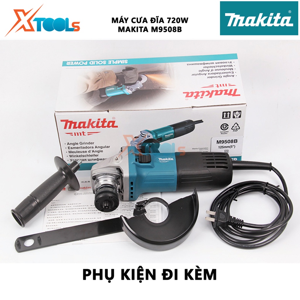 Máy mài góc MAKITA M9508B | máy mài cầm tay công suất 720W có phụ kiện Cờ lê hãm đai ốc, tay cầm, đường kính đá mài 125