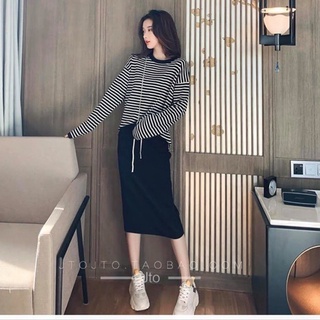 SET CHÂN VÁY LEN TĂM MIX ÁO KẺ BASIC