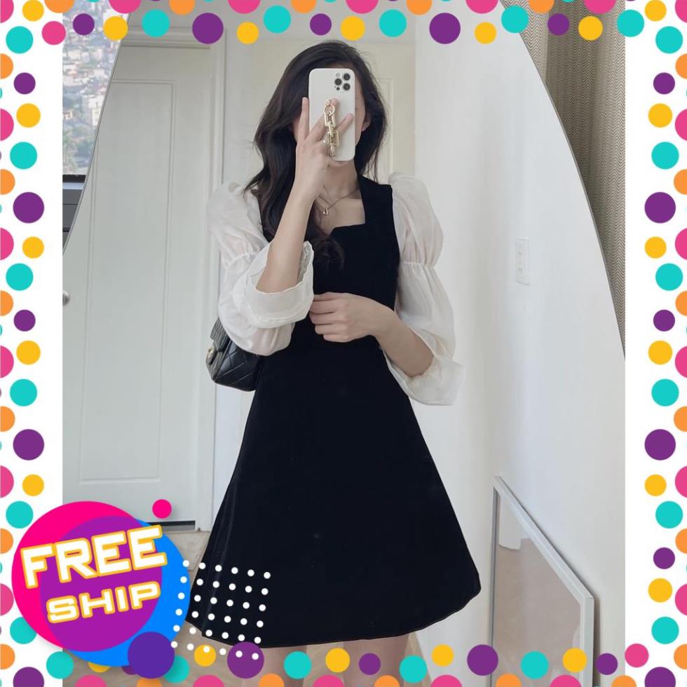 [GIẢM GIÁ] Đầm - Váy nhung đen phối tay voan bồng cổ vuông