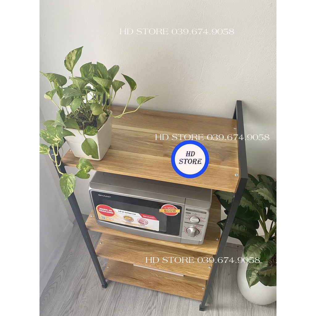 Trợ Giá Shopee Kệ Để Lò Vi Sóng Chắc Chắn, Siêu Đẹp. Khung Đen- Sàn Gỗ