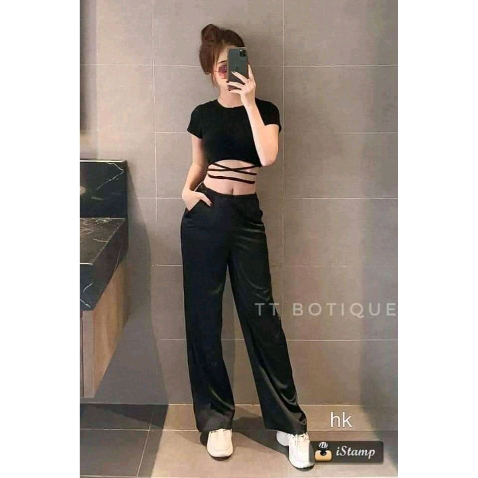 [Mã FAMARAL2 giảm 10K đơn 50K] Áo croptop nữ kiểu ôm tay ngắn cổ tròn thun body buộc dây bigsize CAMA STORE M278