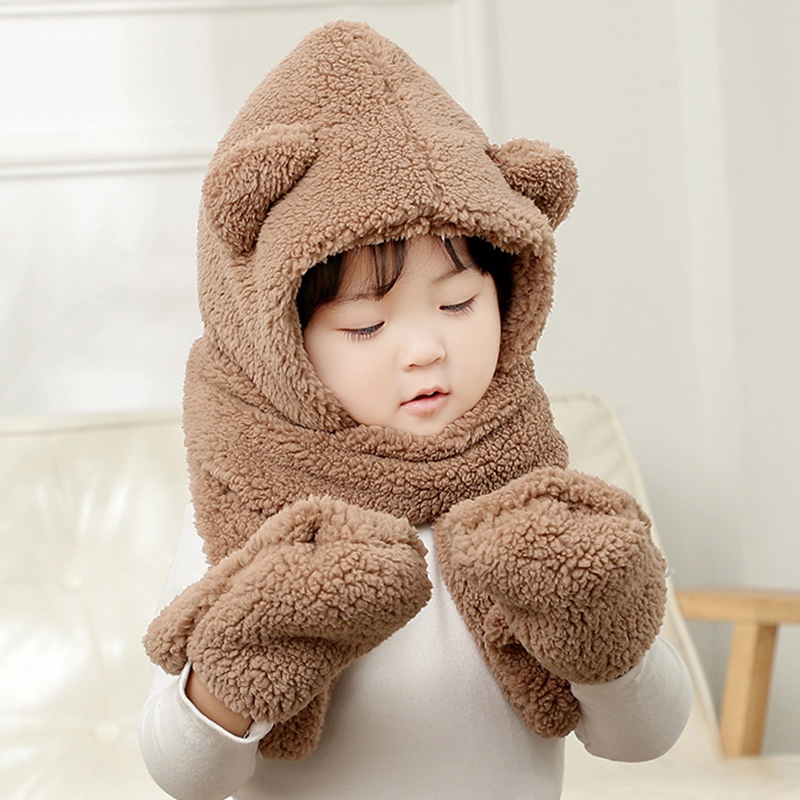 Mũ len lông cừu trùm đầu tai gấu liền khăn cổ giữ ấm kèm găng tay chồng gió lạnh mùa đông cho bé từ 3 - 15 tuổi