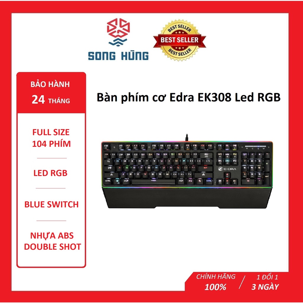 Bàn phím cơ Edra EK308 Led RGB - Kê tay - Blue switch - Led viền - Chống nước - BH 24 tháng