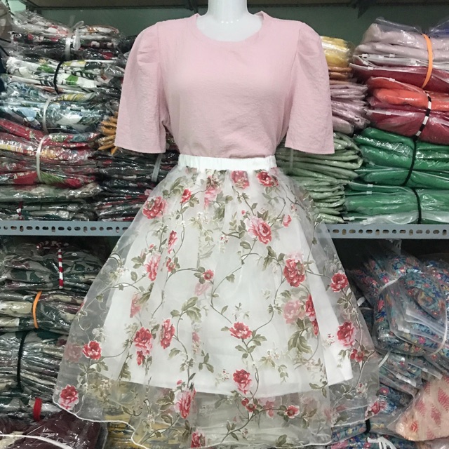Chân váy voan Hoa hồng 3 lớp hàng Quảng châu cao cấp