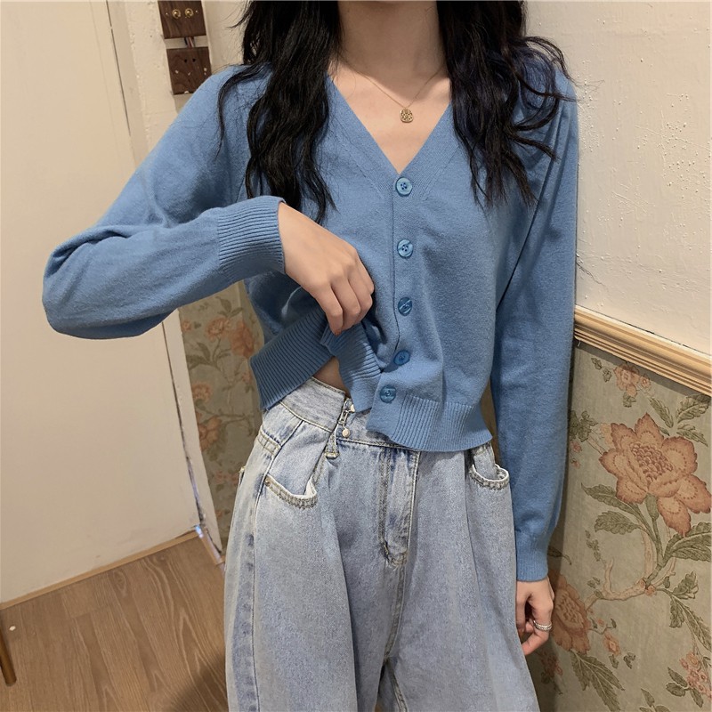 Áo Khoác Cardigan Thun Len Cổ Tim Xinh Xắn Cho Nữ Chất Len Tăm Phong Cách Ulzzang Hàn Quốc Nhiều Màu